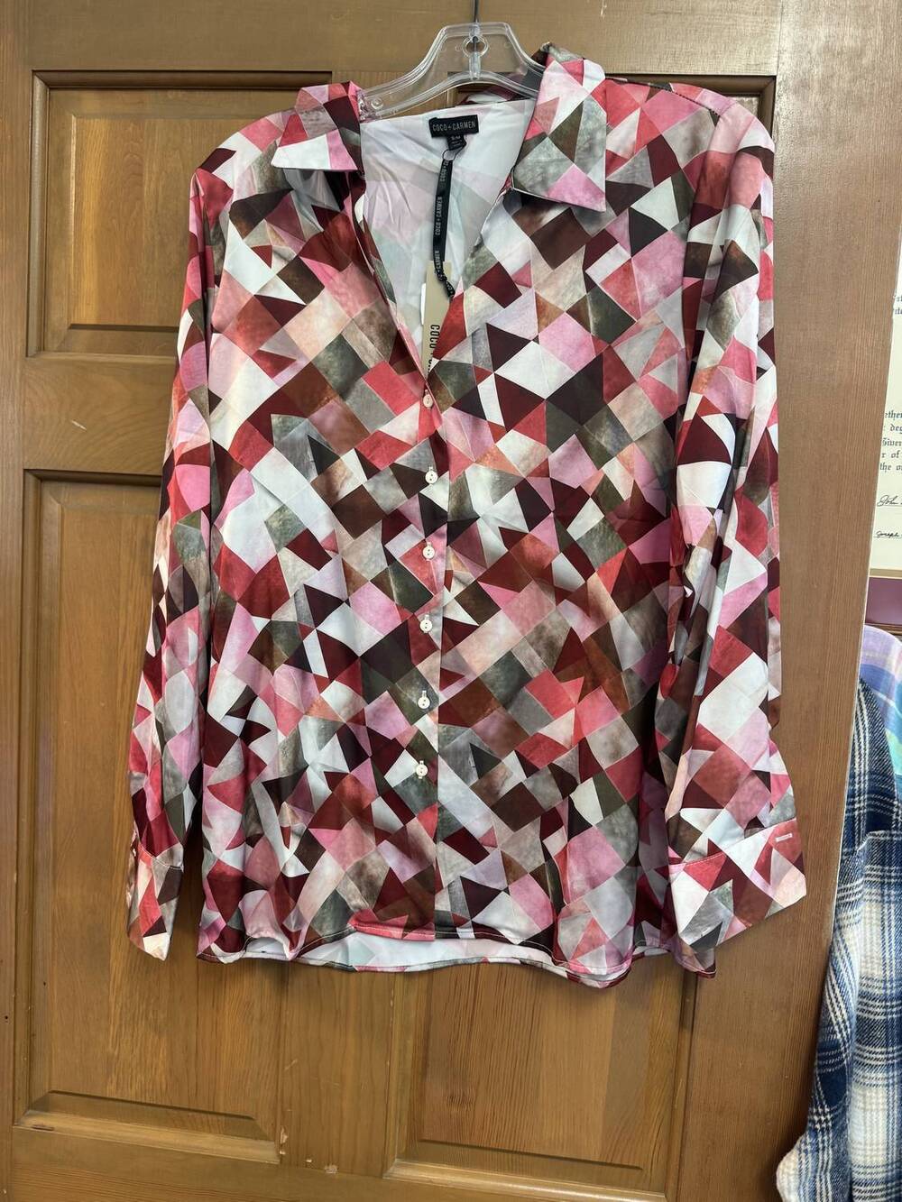 NEW COCO + CARMEN women's satin triangles top in red multi-color